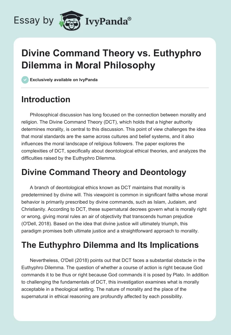 Divine Command Theory vs. Euthyphro Dilemma in Moral Philosophy. Page 1
