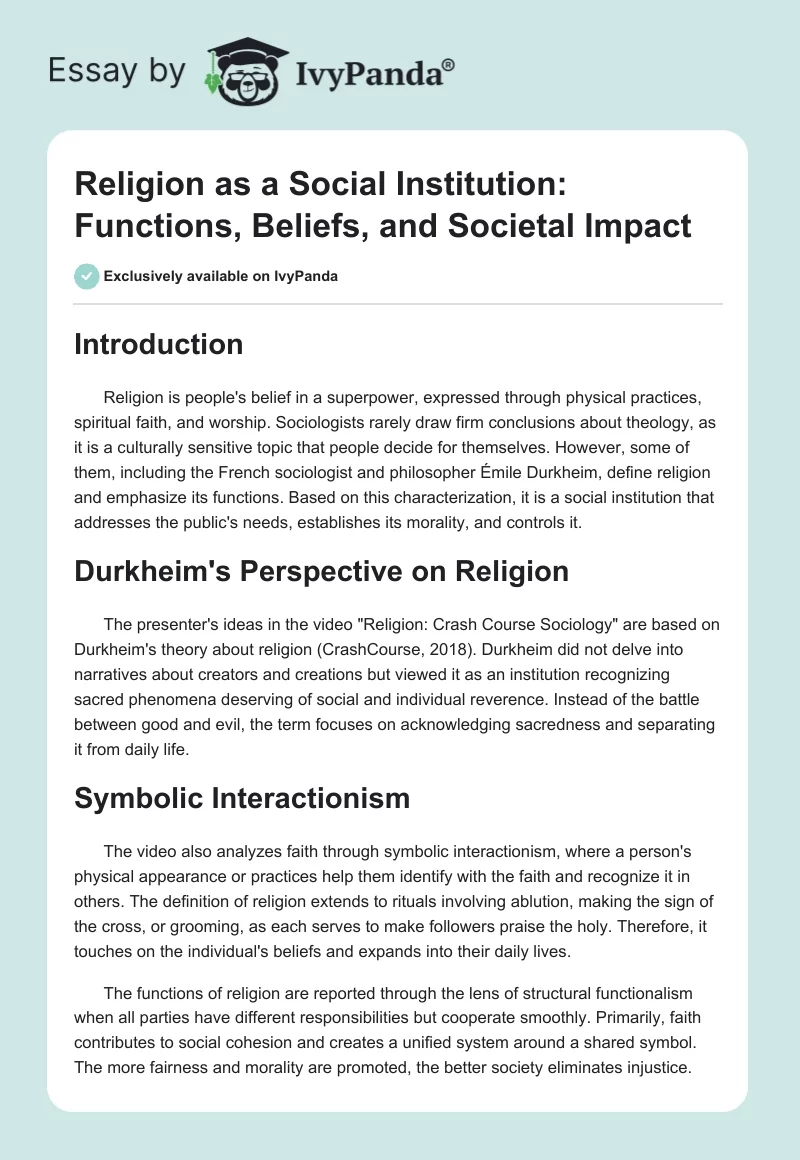 Religion as a Social Institution: Functions, Beliefs, and Societal Impact. Page 1