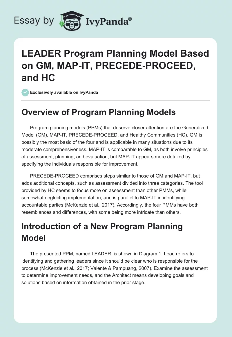 LEADER Program Planning Model Based on GM, MAP-IT, PRECEDE-PROCEED, and HC. Page 1