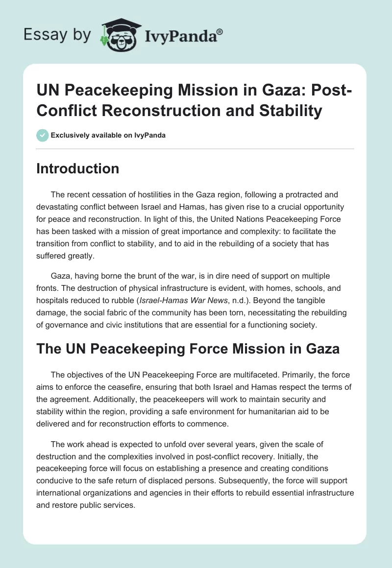 UN Peacekeeping Mission in Gaza: Post-Conflict Reconstruction and Stability. Page 1