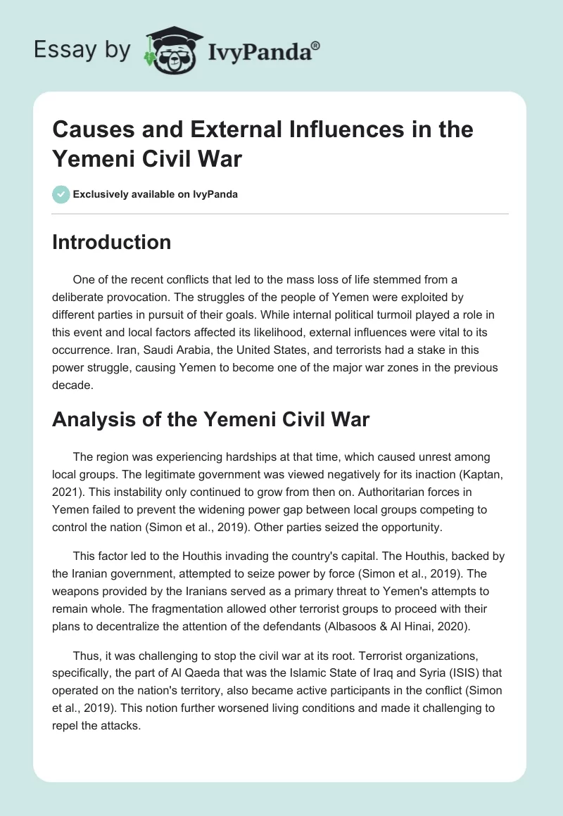Causes and External Influences in the Yemeni Civil War. Page 1