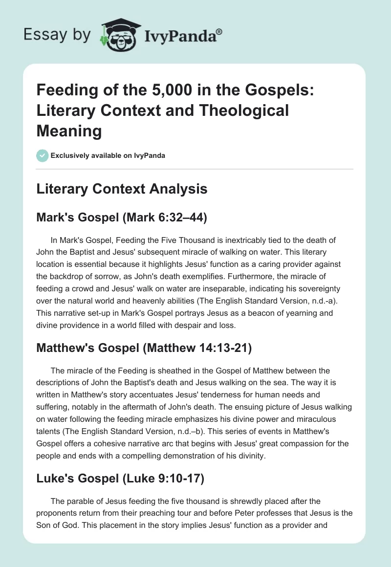 Feeding of the 5,000 in the Gospels: Literary Context and Theological Meaning. Page 1