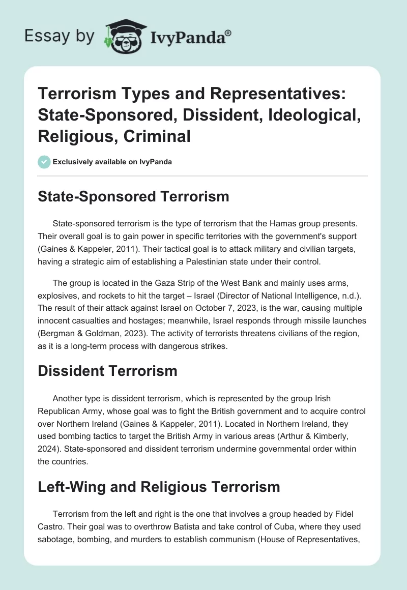 Terrorism Types and Representatives: State-Sponsored, Dissident, Ideological, Religious, Criminal. Page 1