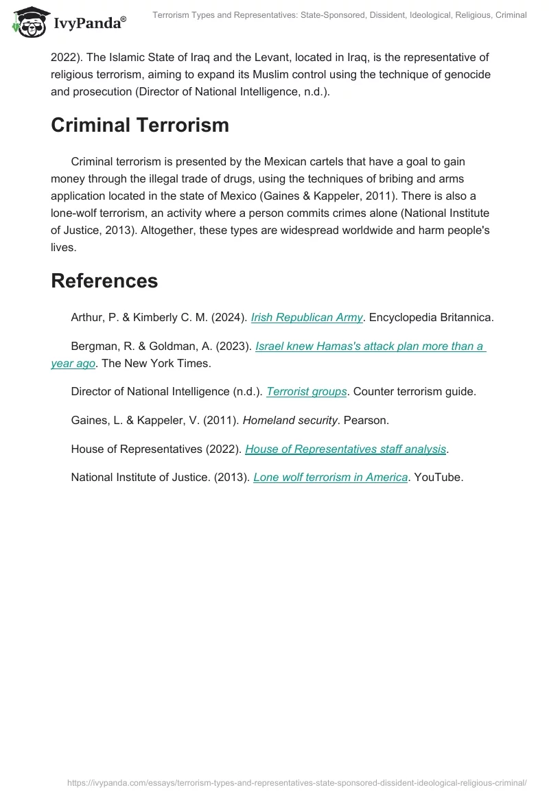 Terrorism Types and Representatives: State-Sponsored, Dissident, Ideological, Religious, Criminal. Page 2
