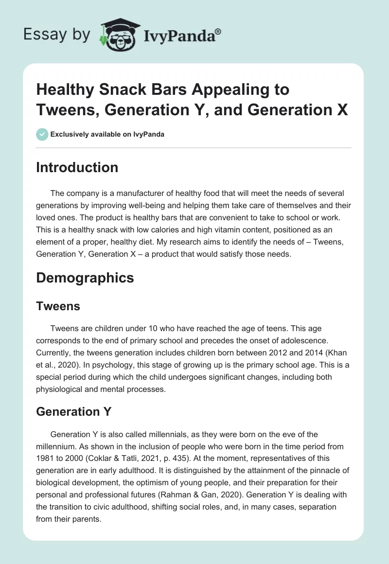Healthy Snack Bars Appealing to Tweens, Generation Y, and Generation X. Page 1