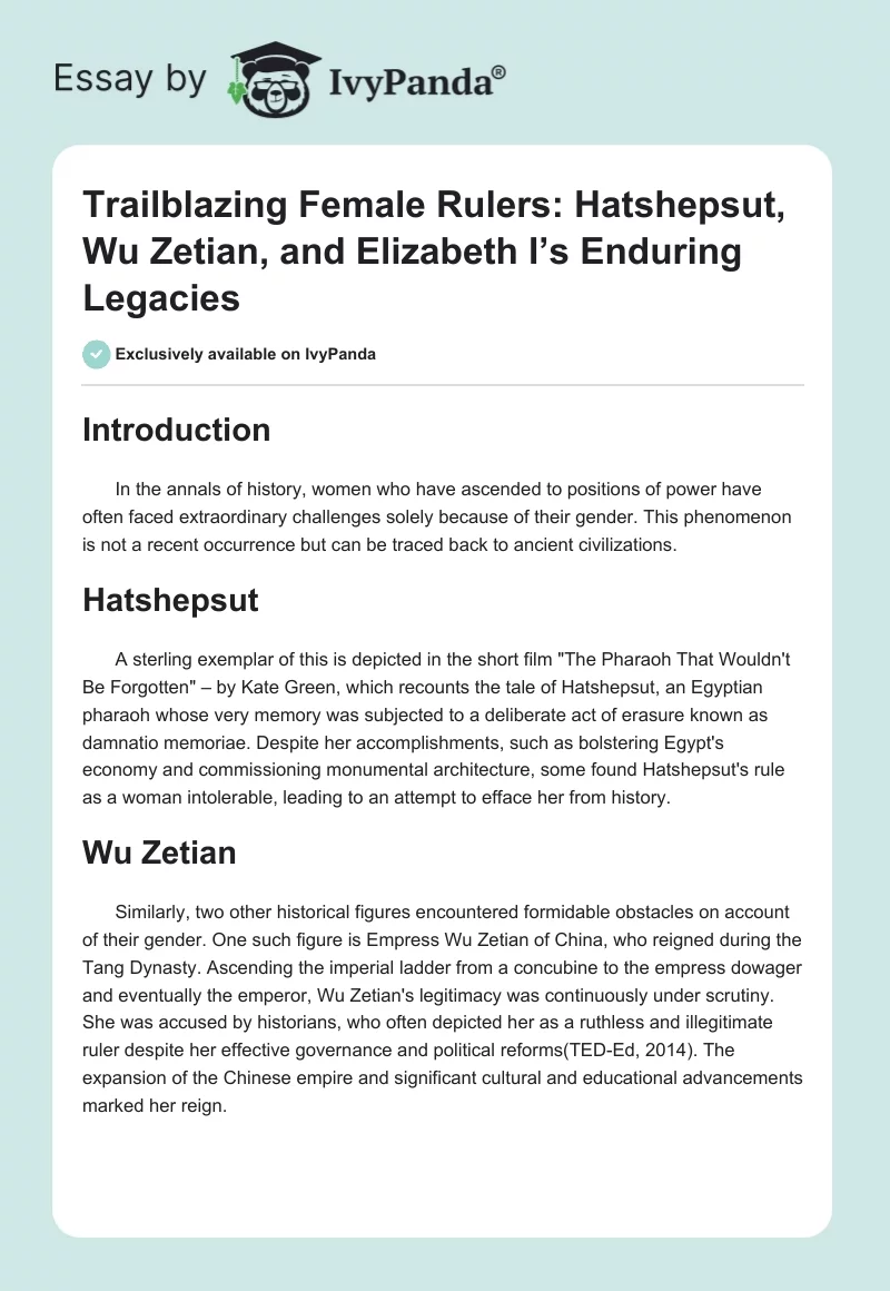 Trailblazing Female Rulers: Hatshepsut, Wu Zetian, and Elizabeth I’s Enduring Legacies. Page 1