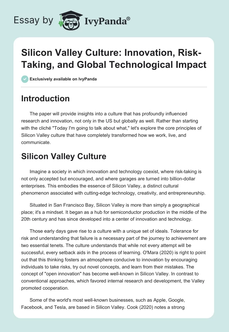 Silicon Valley Culture: Innovation, Risk-Taking, and Global Technological Impact. Page 1
