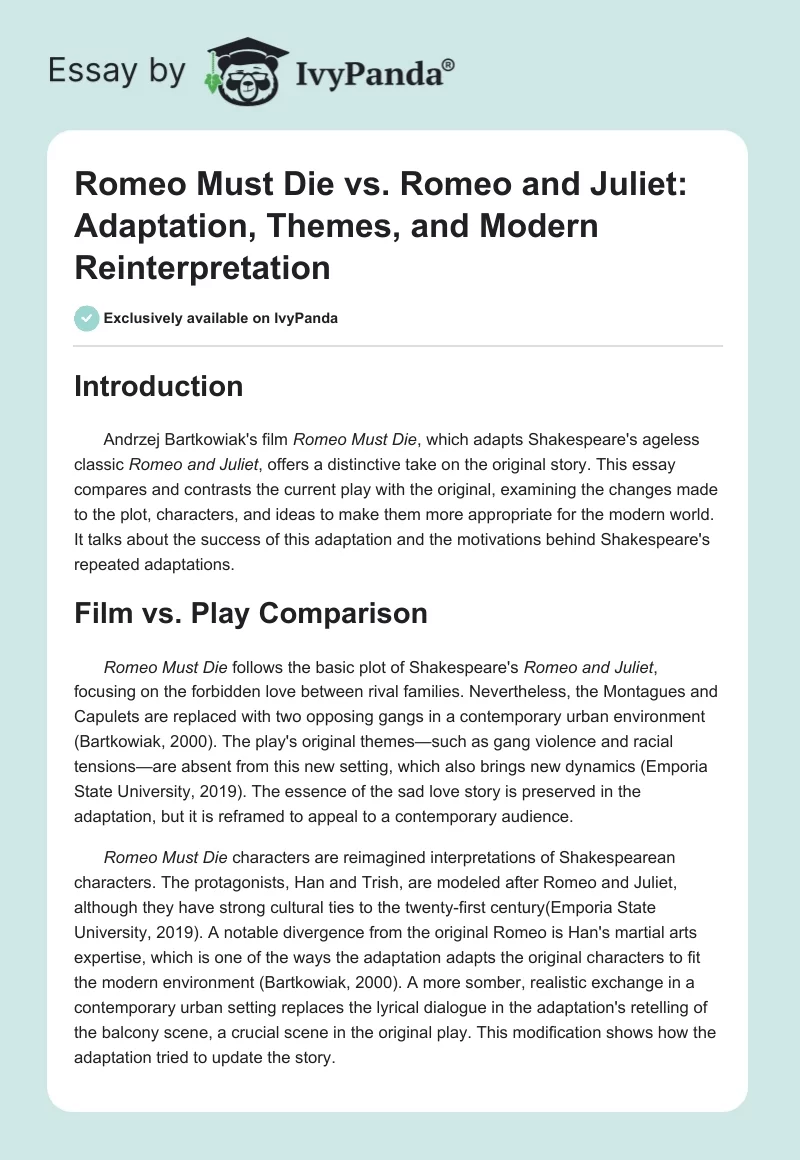 Romeo Must Die vs. Romeo and Juliet: Adaptation, Themes, and Modern Reinterpretation. Page 1