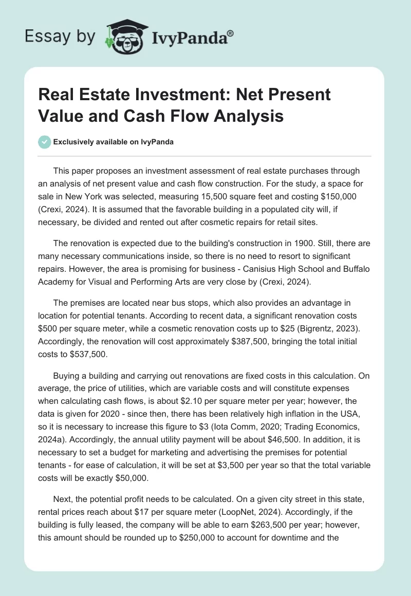 Real Estate Investment: Net Present Value and Cash Flow Analysis. Page 1