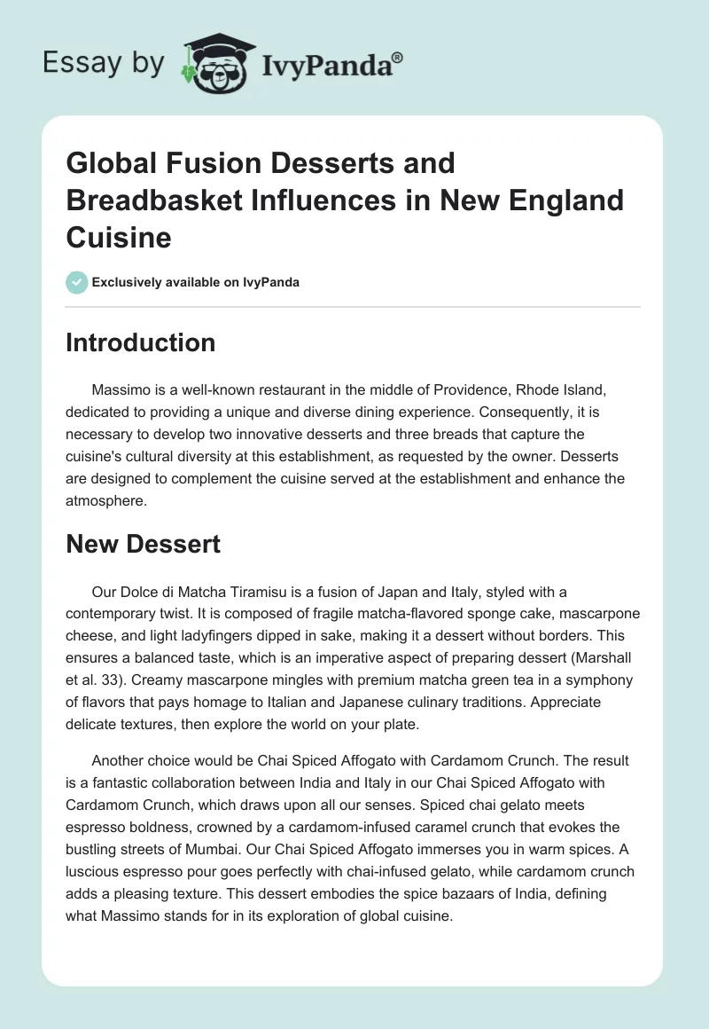 Global Fusion Desserts and Breadbasket Influences in New England Cuisine. Page 1