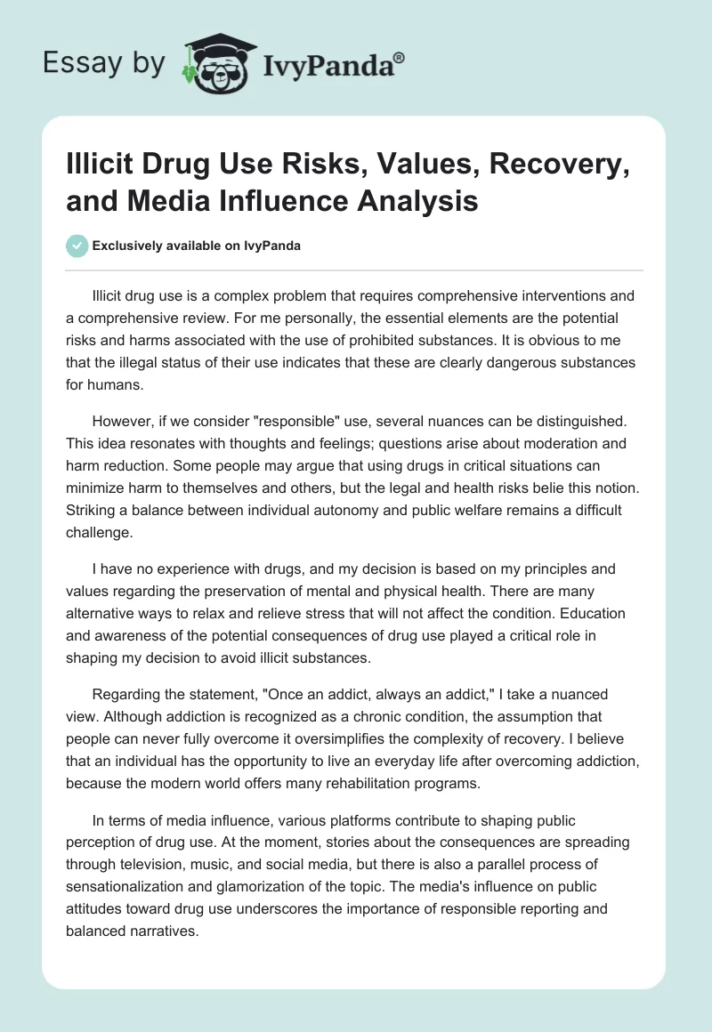 Illicit Drug Use Risks, Values, Recovery, and Media Influence Analysis. Page 1
