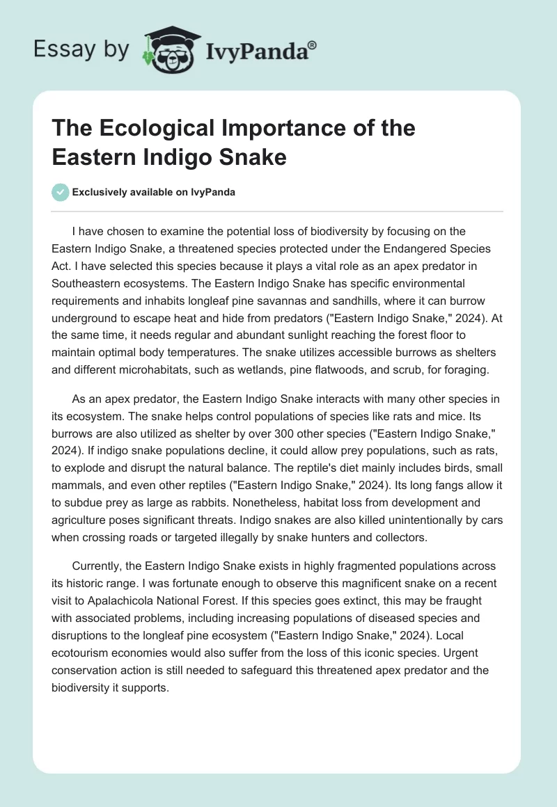 The Ecological Importance of the Eastern Indigo Snake. Page 1