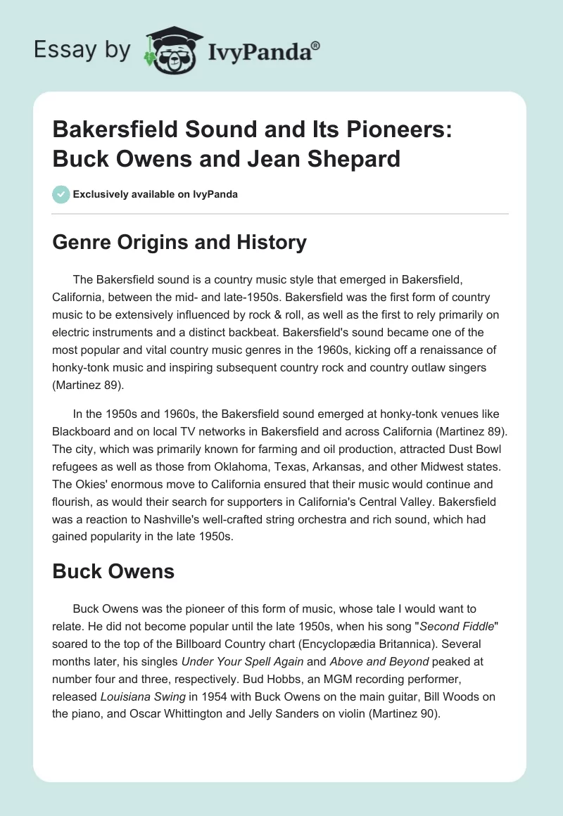 Bakersfield Sound and Its Pioneers: Buck Owens and Jean Shepard. Page 1