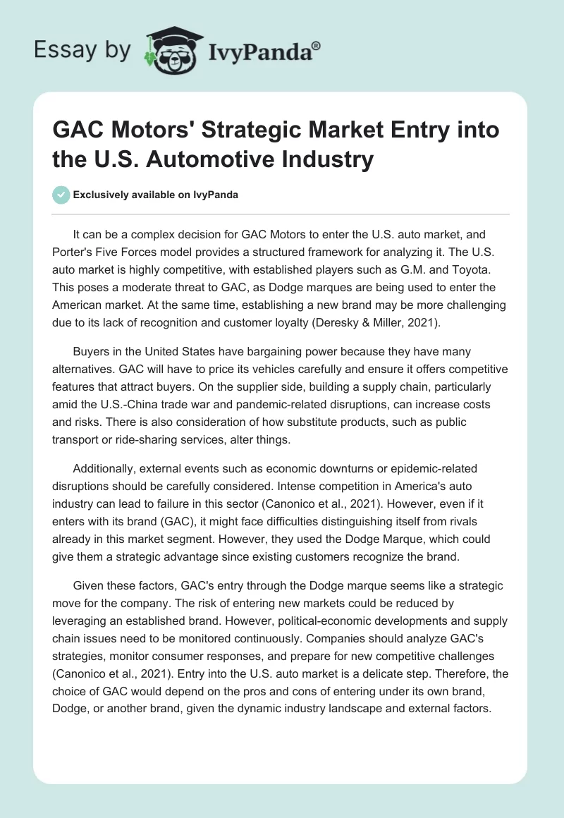 GAC Motors' Strategic Market Entry into the U.S. Automotive Industry. Page 1