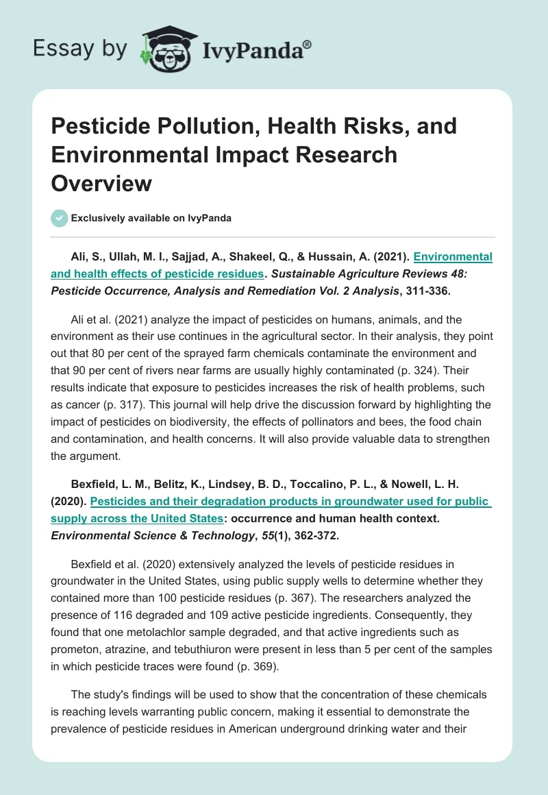 Pesticide Pollution, Health Risks, and Environmental Impact Research Overview. Page 1
