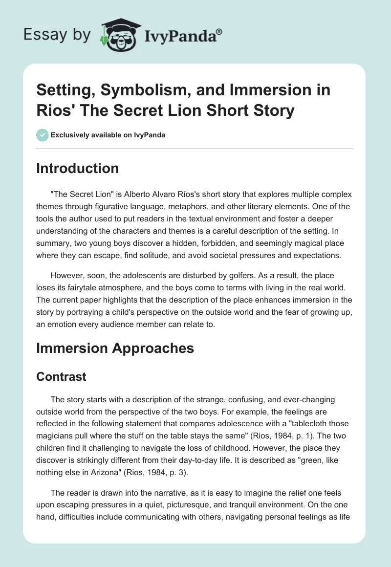 Setting, Symbolism, and Immersion in Rios' "The Secret Lion" Short Story. Page 1
