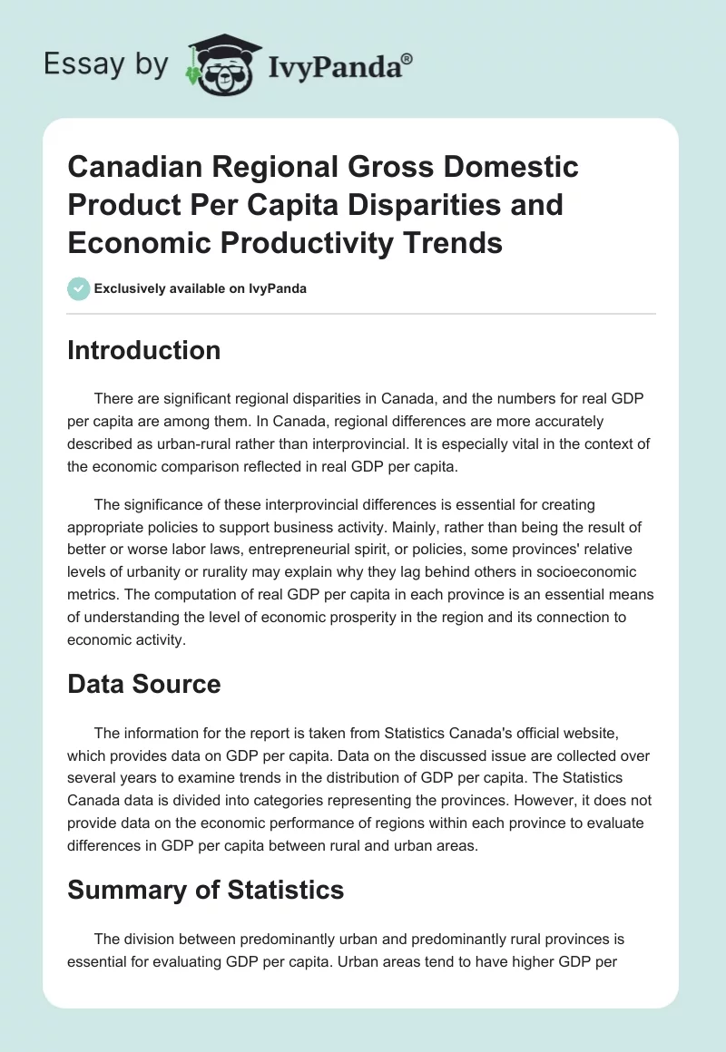 Canadian Regional Gross Domestic Product Per Capita Disparities and Economic Productivity Trends. Page 1