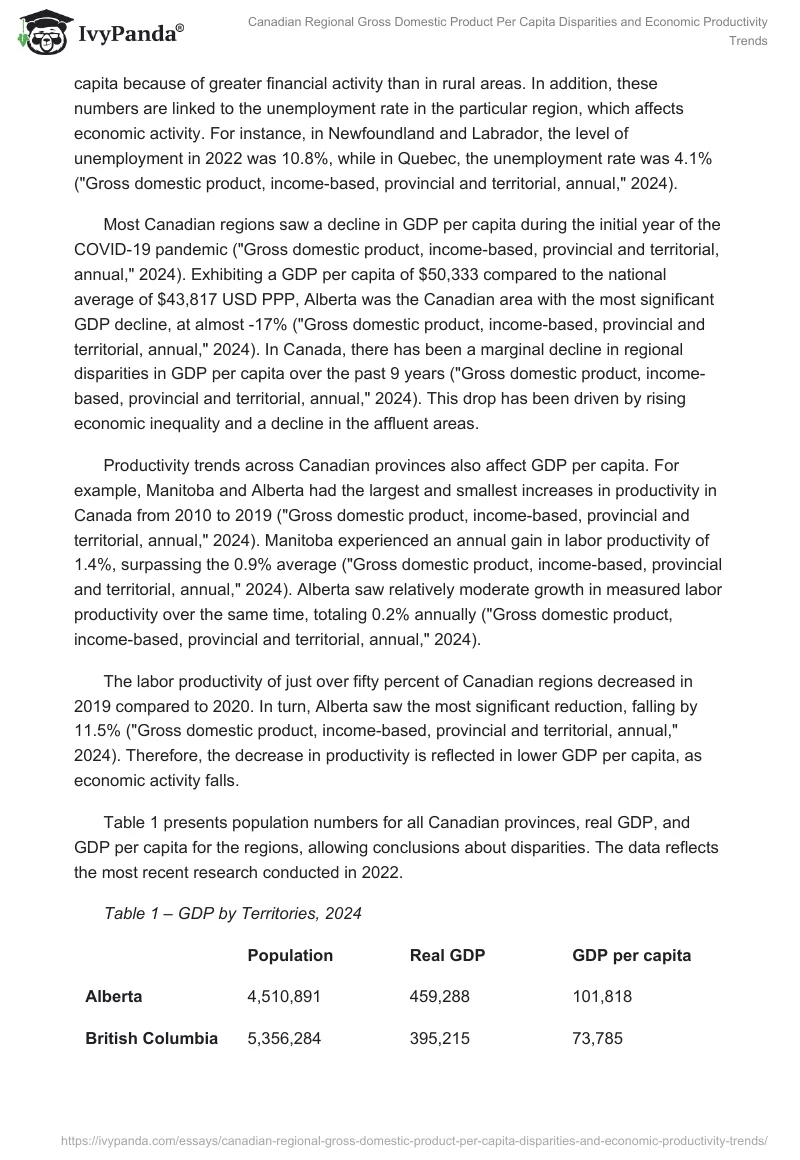 Canadian Regional Gross Domestic Product Per Capita Disparities and Economic Productivity Trends. Page 2