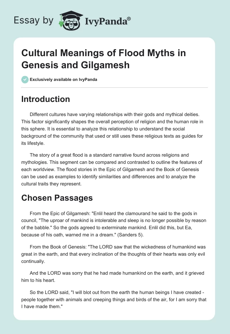 Cultural Meanings of Flood Myths in Genesis and Gilgamesh. Page 1