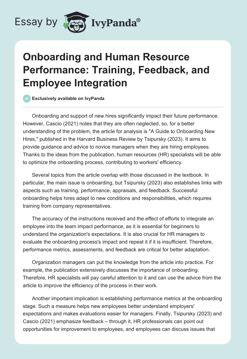 Onboarding and Human Resource Performance: Training, Feedback, and Employee Integration. Page 1