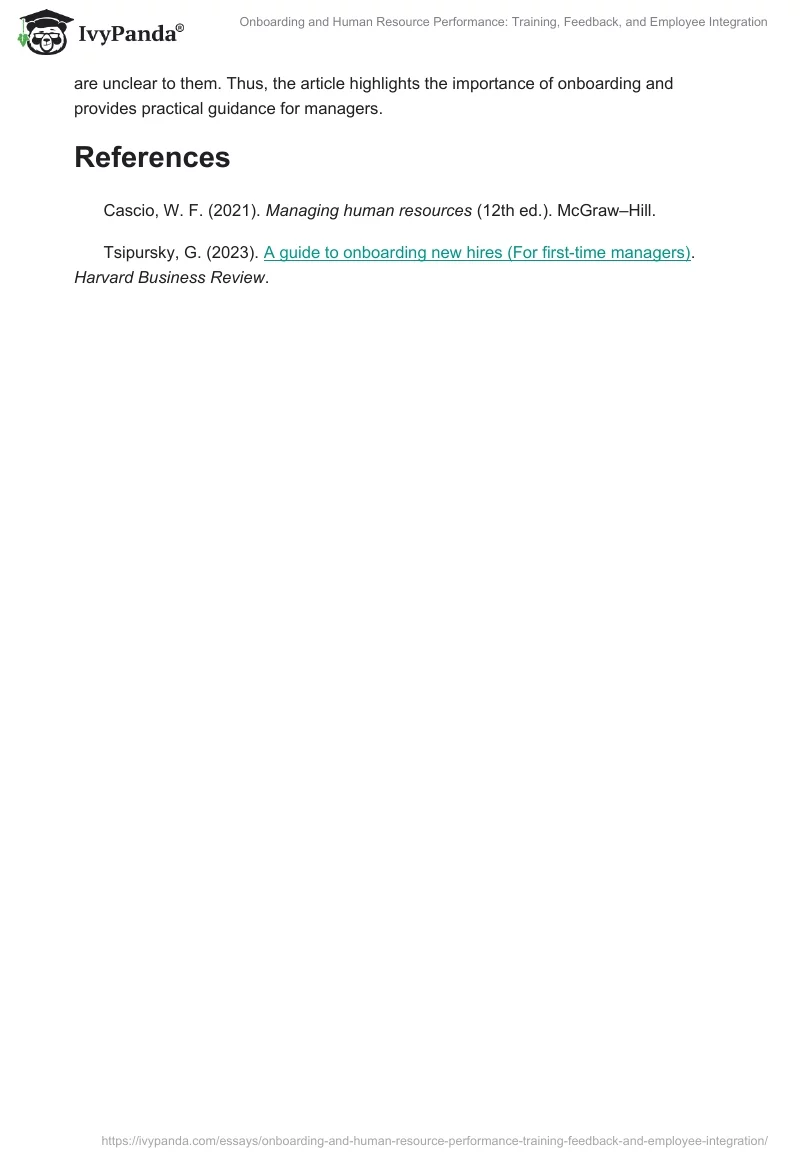 Onboarding and Human Resource Performance: Training, Feedback, and Employee Integration. Page 2