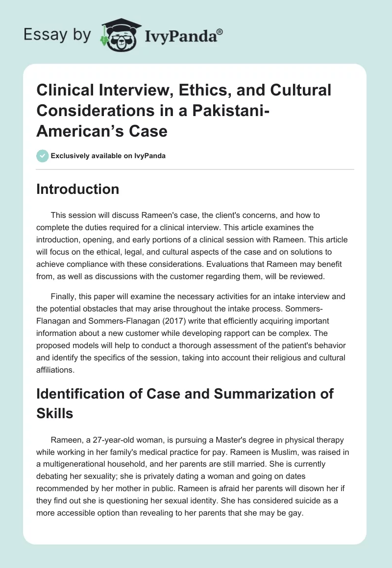 Clinical Interview, Ethics, and Cultural Considerations in a Pakistani-American’s Case. Page 1