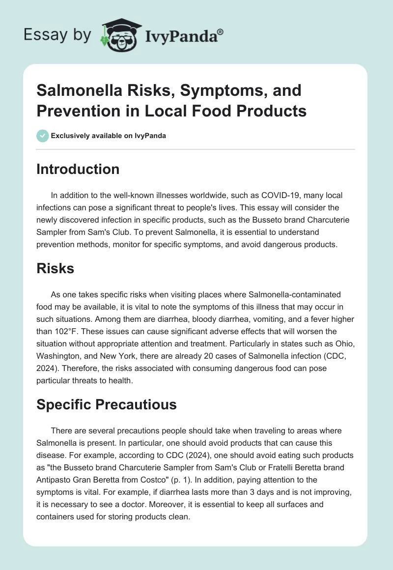 Salmonella Risks, Symptoms, and Prevention in Local Food Products. Page 1