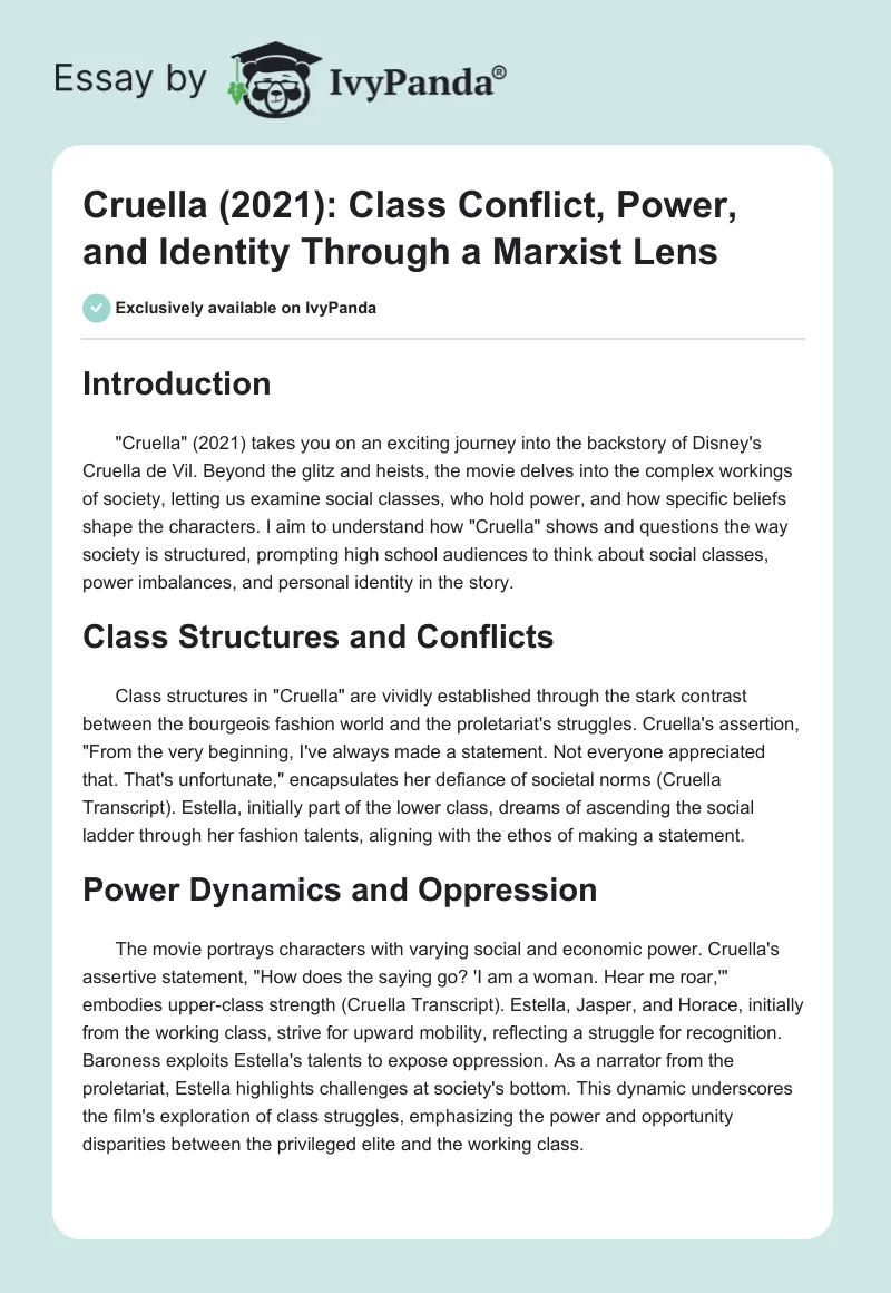 Cruella (2021): Class Conflict, Power, and Identity Through a Marxist Lens. Page 1