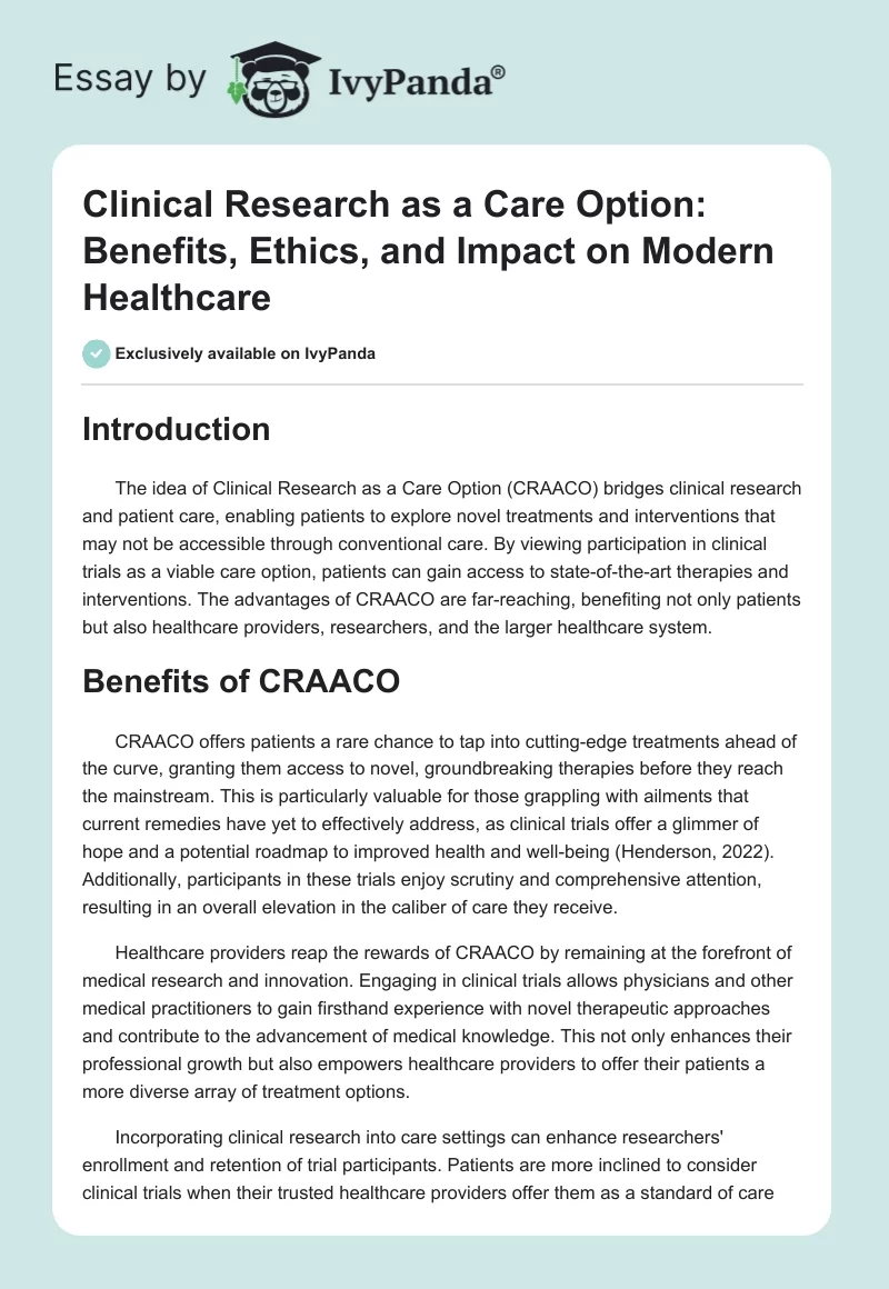 Clinical Research as a Care Option: Benefits, Ethics, and Impact on Modern Healthcare. Page 1