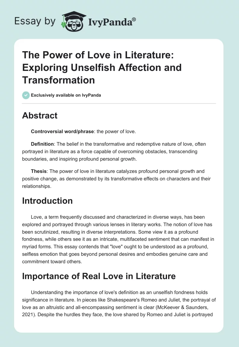 The Power of Love in Literature: Exploring Unselfish Affection and Transformation. Page 1