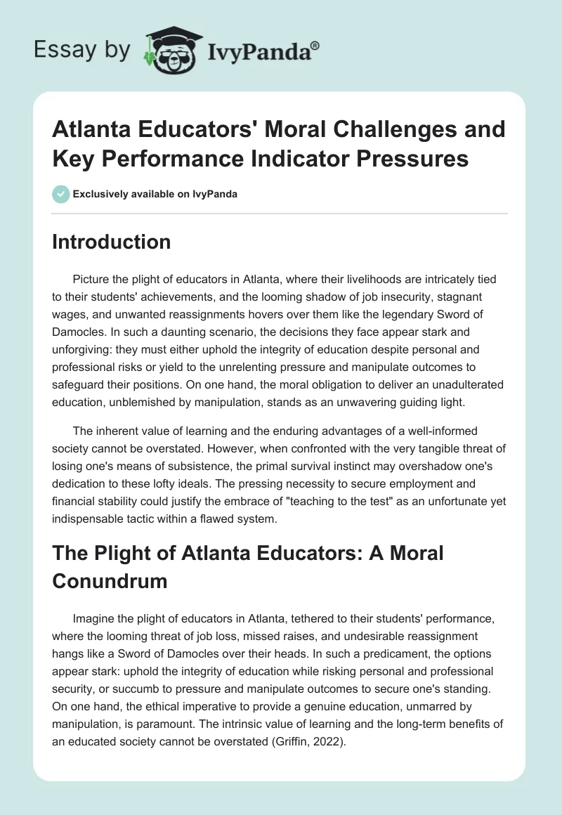 Atlanta Educators' Moral Challenges and Key Performance Indicator Pressures. Page 1