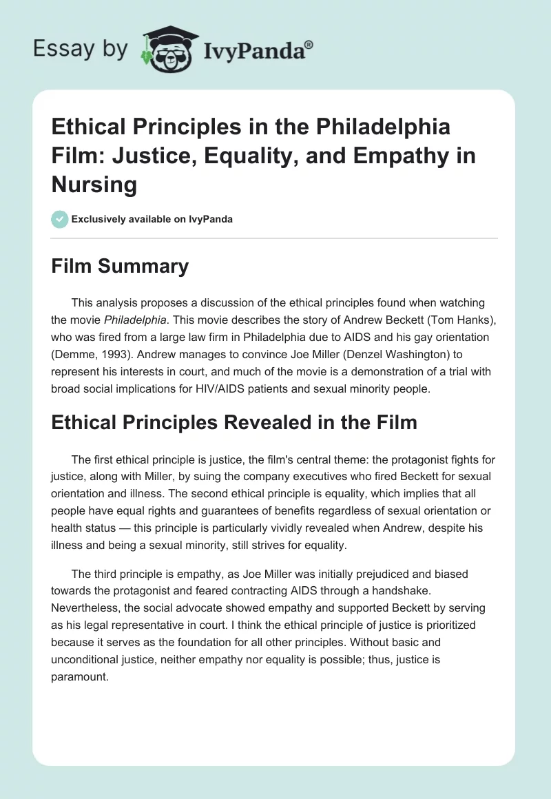 Ethical Principles in the Philadelphia Film: Justice, Equality, and Empathy in Nursing. Page 1