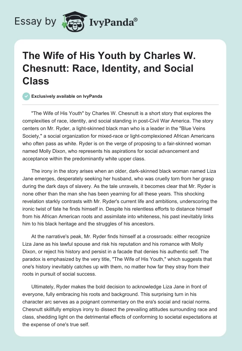 The Wife of His Youth by Charles W. Chesnutt: Race, Identity, and Social Class. Page 1