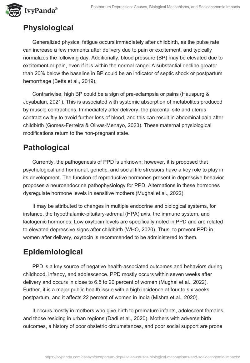 Postpartum Depression: Causes, Biological Mechanisms, and Socioeconomic Impacts. Page 2