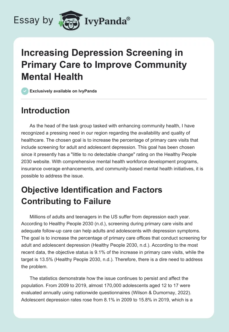 Increasing Depression Screening in Primary Care to Improve Community Mental Health. Page 1