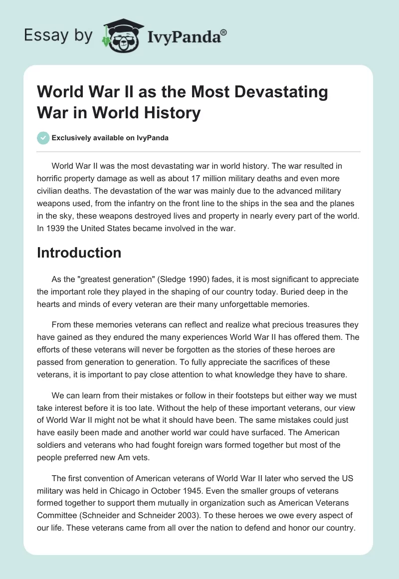 World War II as the Most Devastating War in World History. Page 1