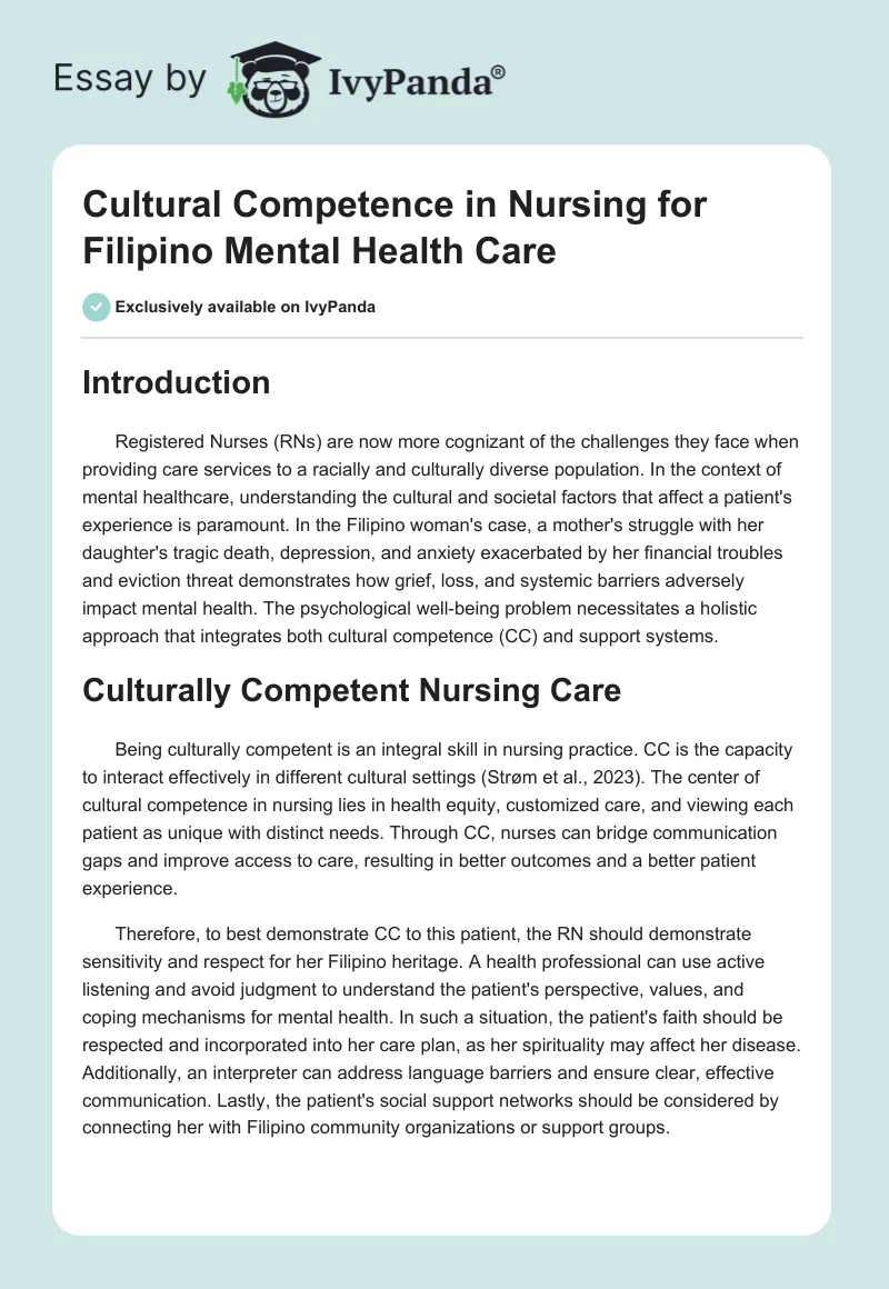 Cultural Competence in Nursing for Filipino Mental Health Care. Page 1