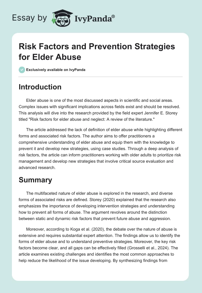 Risk Factors and Prevention Strategies for Elder Abuse. Page 1