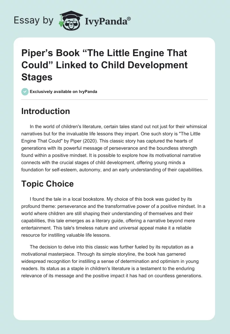 Piper’s Book “The Little Engine That Could” Linked to Child Development Stages. Page 1