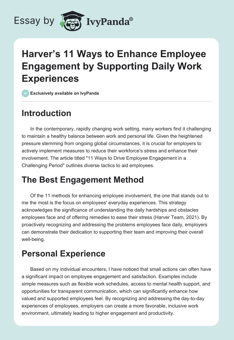 Harver’s 11 Ways to Enhance Employee Engagement by Supporting Daily Work Experiences. Page 1