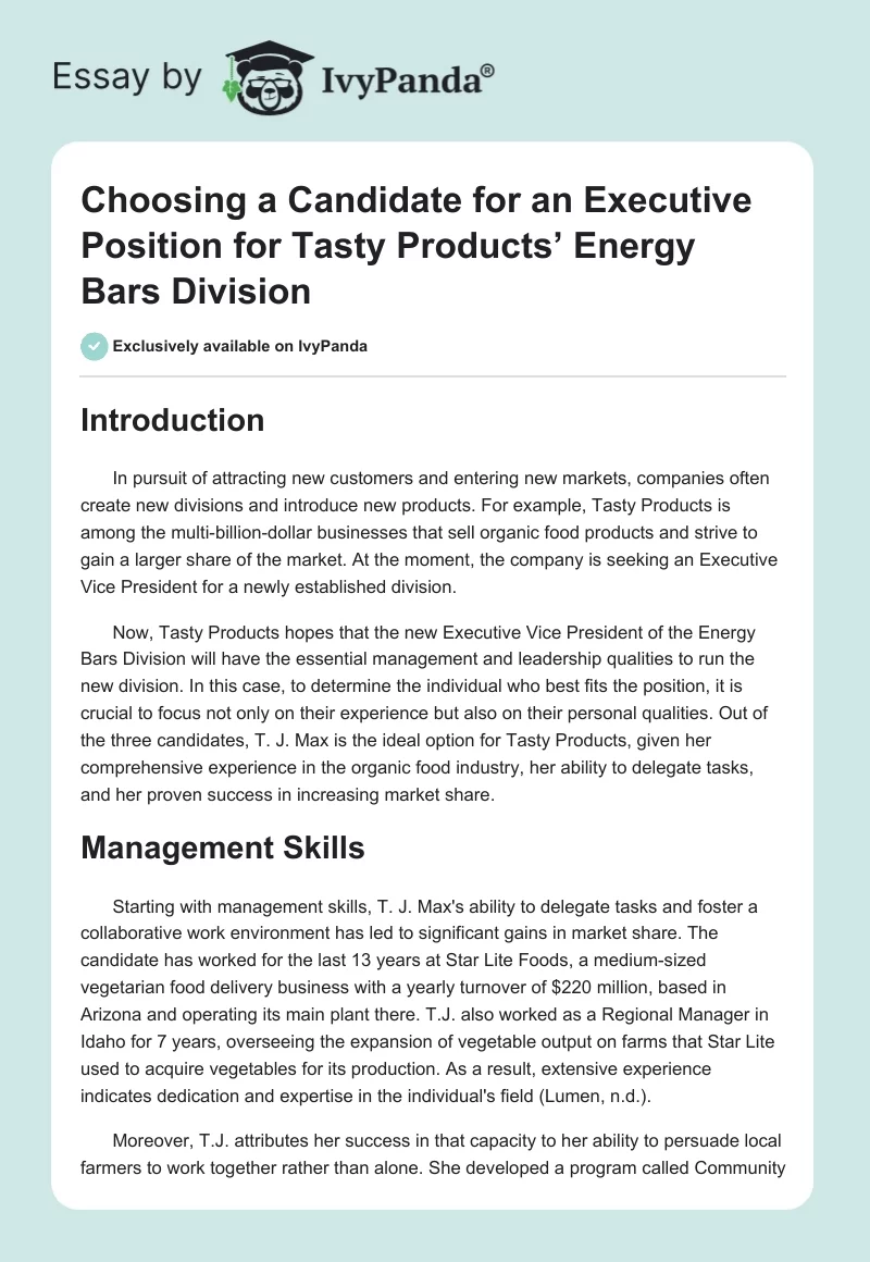 Choosing a Candidate for an Executive Position for Tasty Products’ Energy Bars Division. Page 1