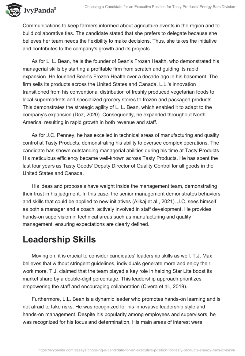 Choosing a Candidate for an Executive Position for Tasty Products’ Energy Bars Division. Page 2