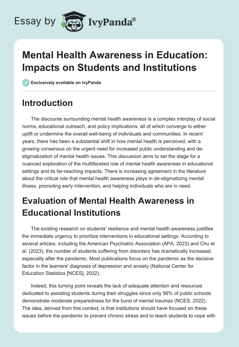 Mental Health Awareness in Education: Impacts on Students and Institutions. Page 1