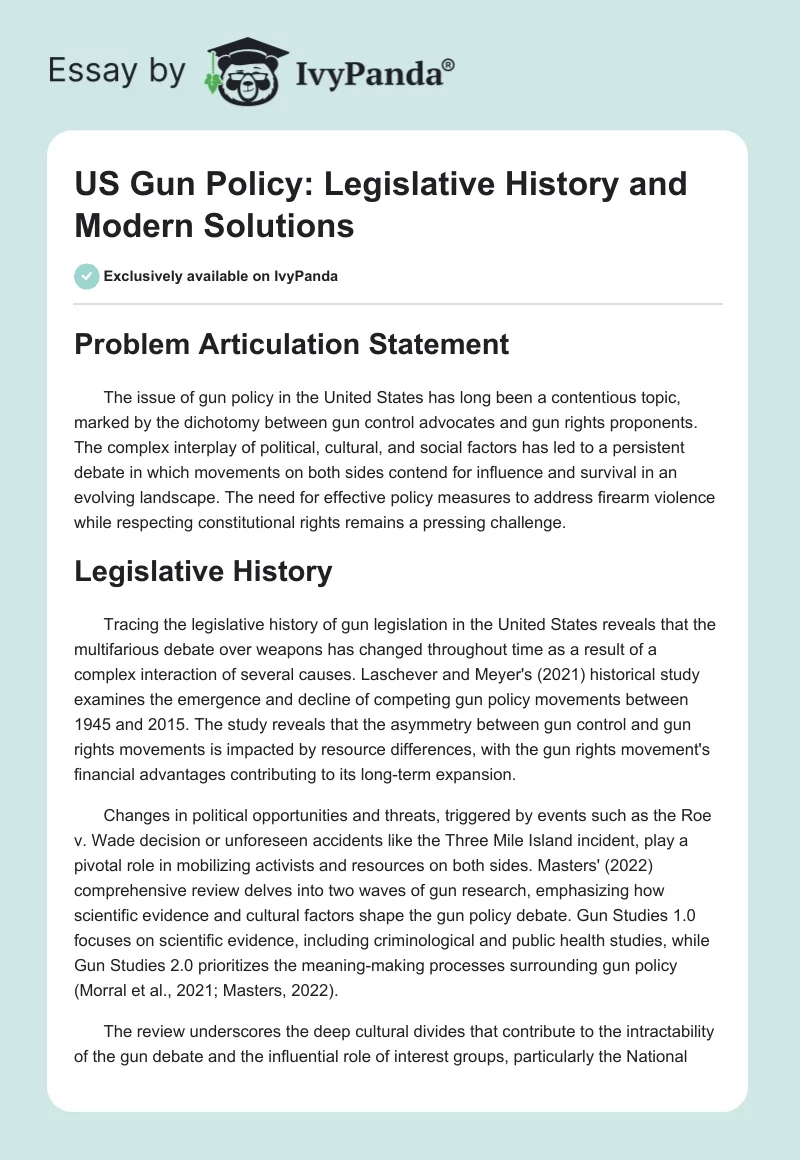 US Gun Policy: Legislative History and Modern Solutions. Page 1