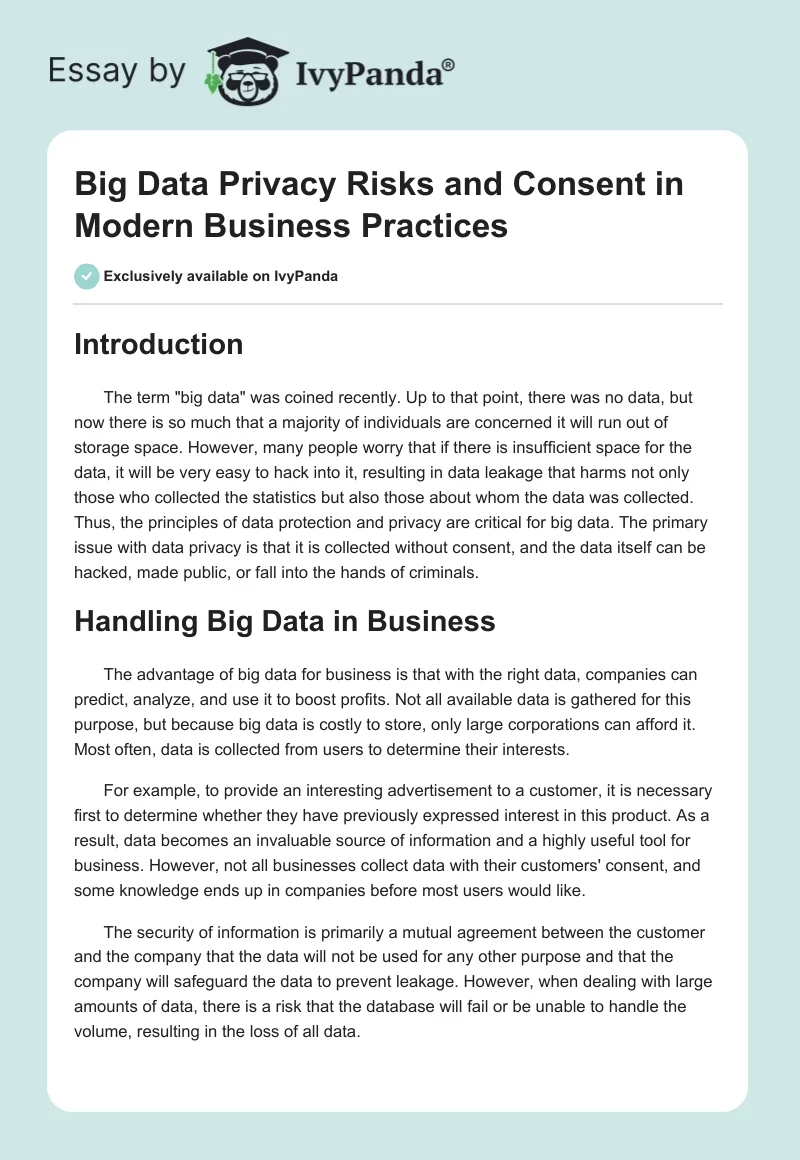 Big Data Privacy Risks and Consent in Modern Business Practices. Page 1