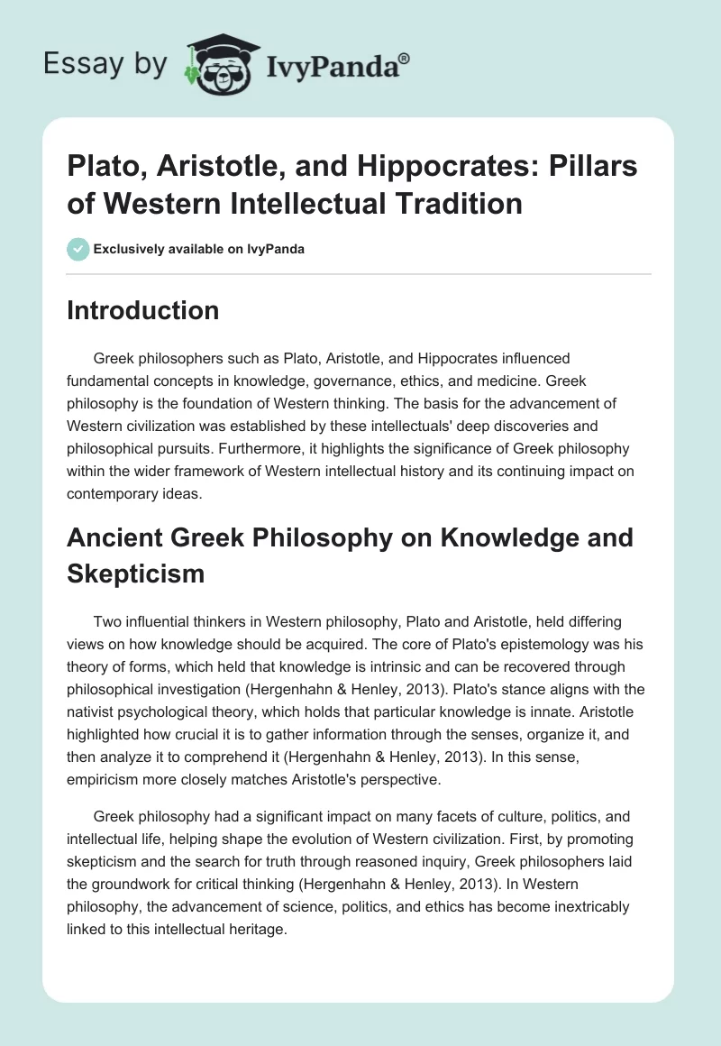 Plato, Aristotle, and Hippocrates: Pillars of Western Intellectual Tradition. Page 1