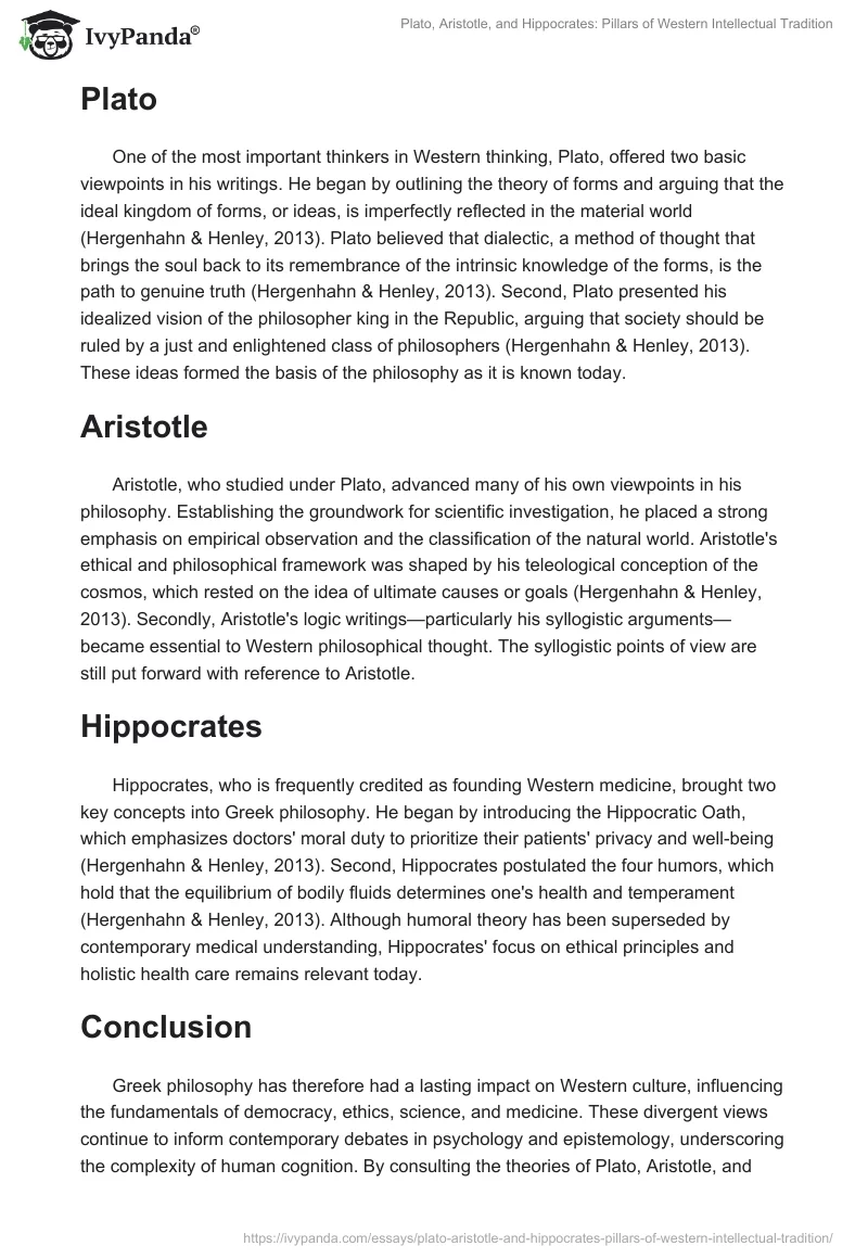 Plato, Aristotle, and Hippocrates: Pillars of Western Intellectual Tradition. Page 2