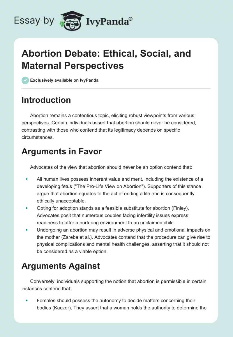 Abortion Debate: Ethical, Social, and Maternal Perspectives. Page 1