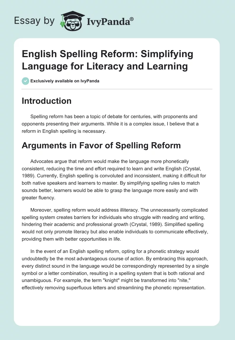 English Spelling Reform: Simplifying Language for Literacy and Learning. Page 1