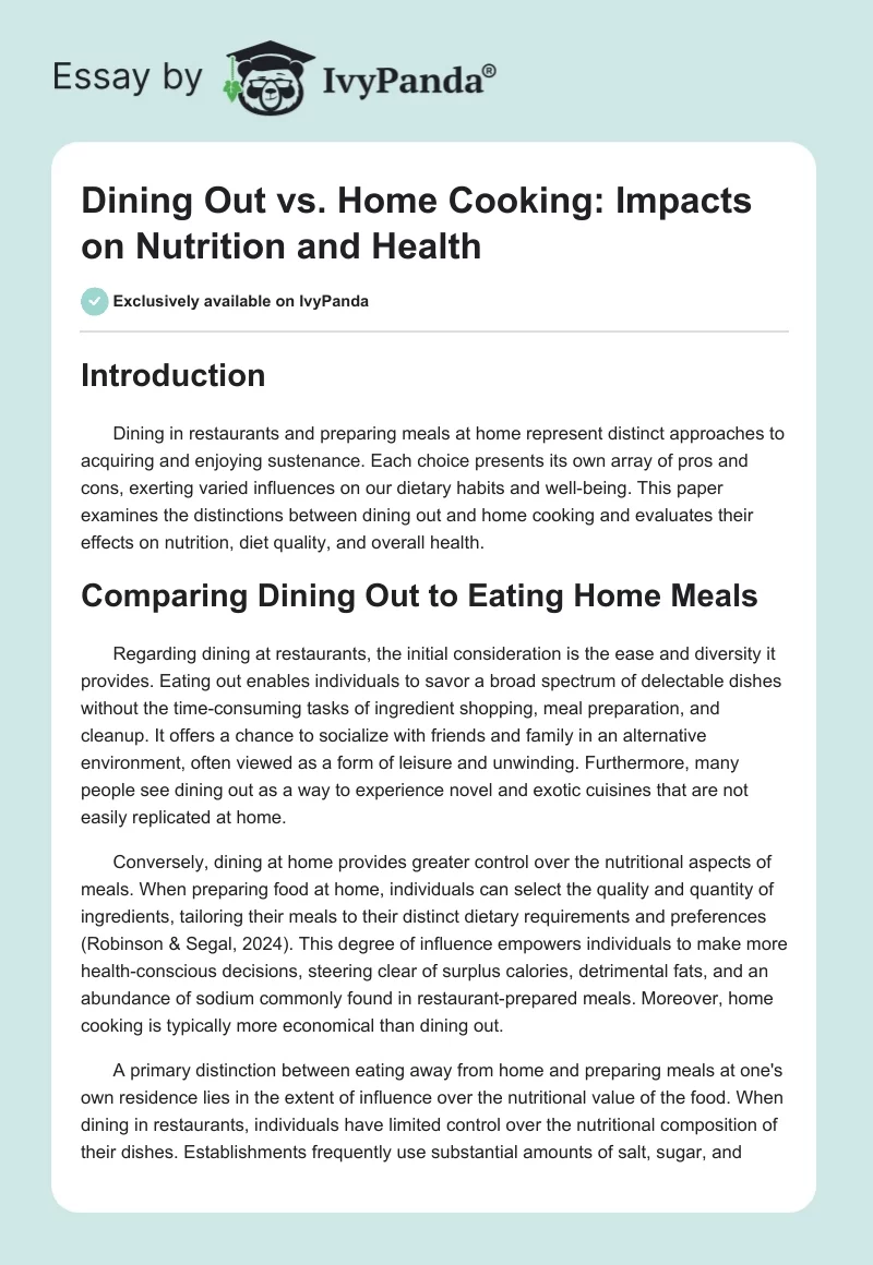 Dining Out vs. Home Cooking: Impacts on Nutrition and Health. Page 1
